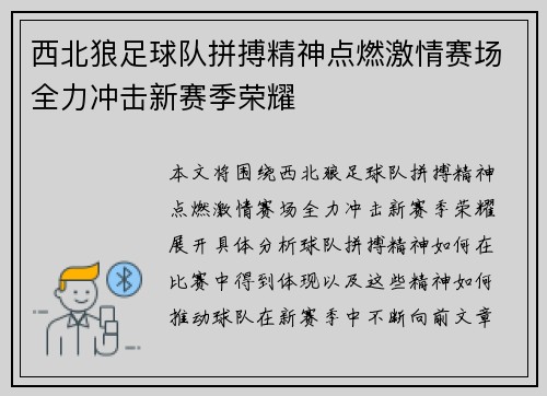 西北狼足球队拼搏精神点燃激情赛场全力冲击新赛季荣耀