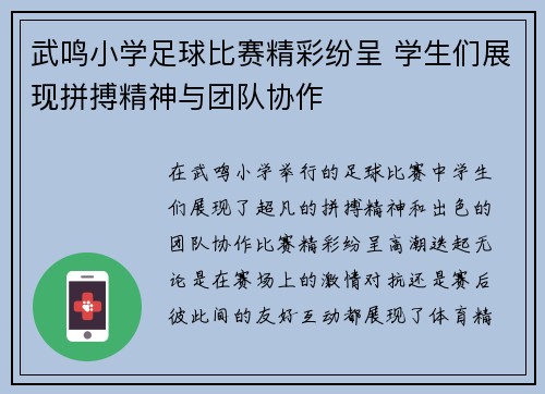 武鸣小学足球比赛精彩纷呈 学生们展现拼搏精神与团队协作