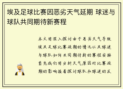 埃及足球比赛因恶劣天气延期 球迷与球队共同期待新赛程