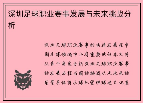深圳足球职业赛事发展与未来挑战分析