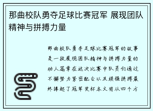 那曲校队勇夺足球比赛冠军 展现团队精神与拼搏力量