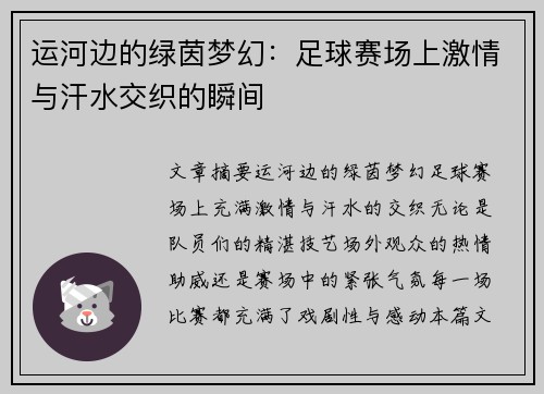 运河边的绿茵梦幻：足球赛场上激情与汗水交织的瞬间