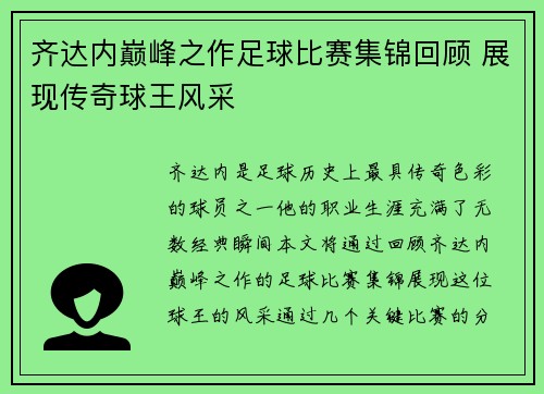 齐达内巅峰之作足球比赛集锦回顾 展现传奇球王风采