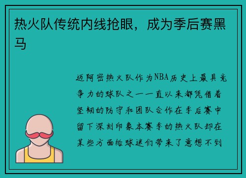 热火队传统内线抢眼，成为季后赛黑马