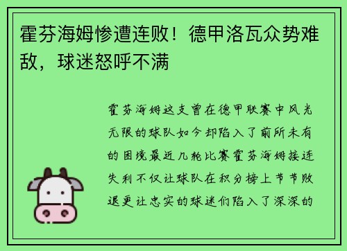 霍芬海姆惨遭连败！德甲洛瓦众势难敌，球迷怒呼不满