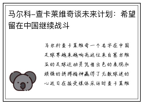 马尔科-查卡莱维奇谈未来计划：希望留在中国继续战斗