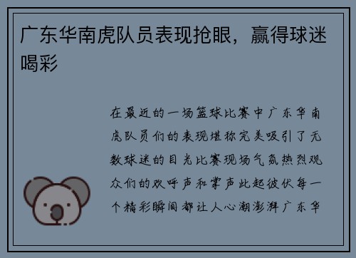 广东华南虎队员表现抢眼，赢得球迷喝彩